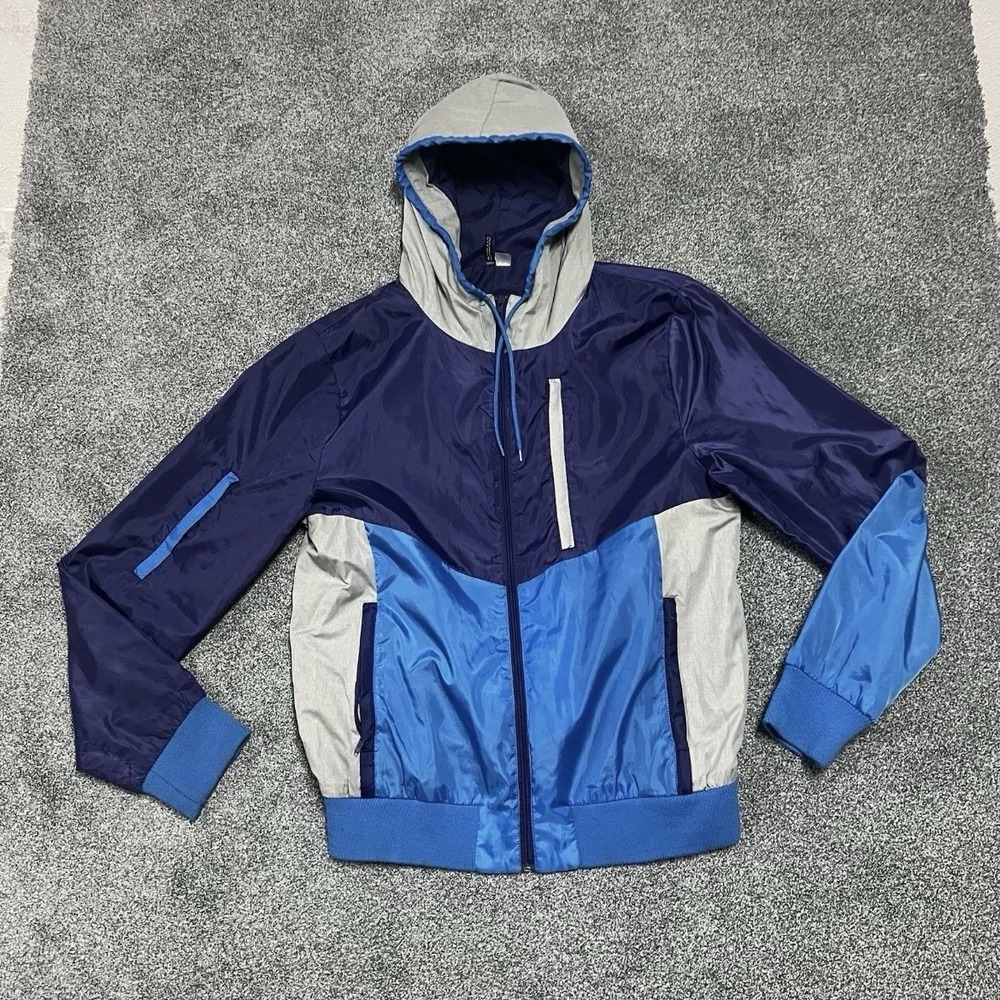 Divided H&M Mens Colorblock Windbreaker Jacket Blue Gray Hooded Full Zip Large